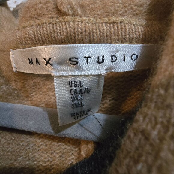 Max Studio Womens Wool/Cashmere Hooded Poncho With Toggle Closure Tan & Dark Gra - Picture 4 of 8